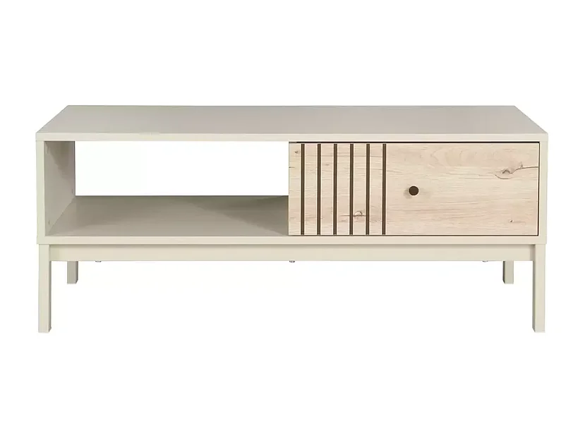 Table basse moderne rectangulaire avec rangement chêne et blanc cassé ONYXIA