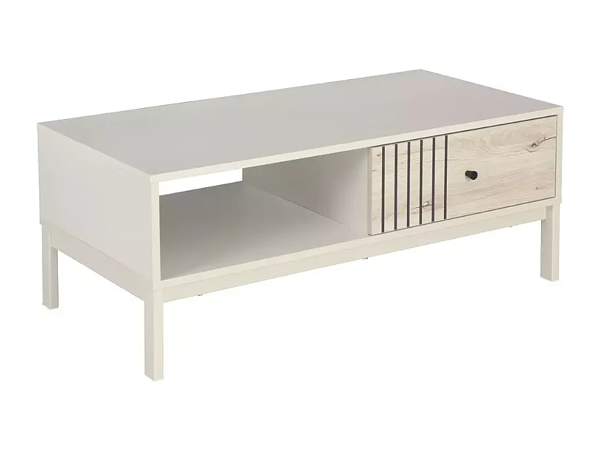 Table basse moderne rectangulaire avec rangement chêne et blanc cassé ONYXIA