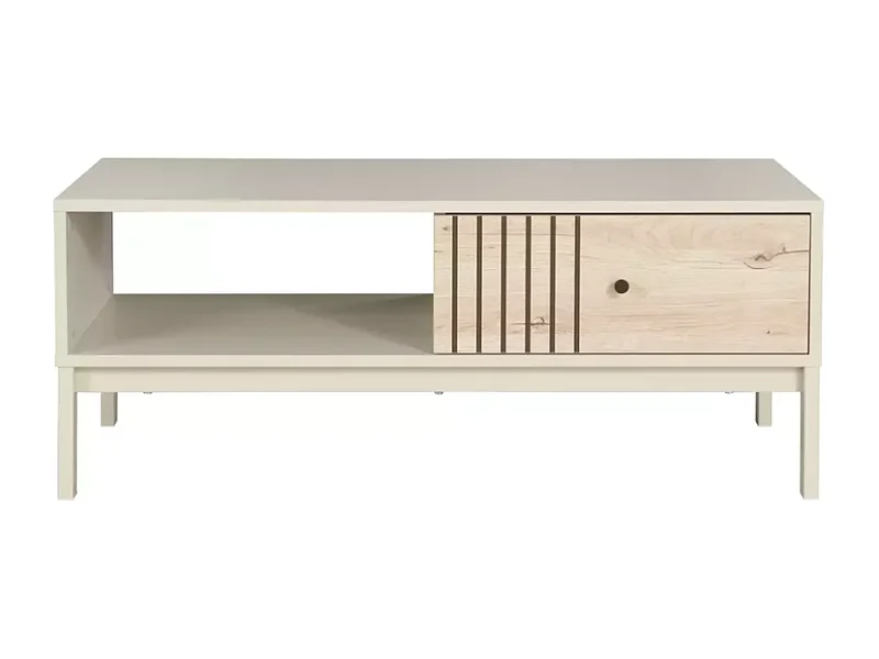 Table basse moderne rectangulaire avec rangement chêne et blanc cassé ONYXIA