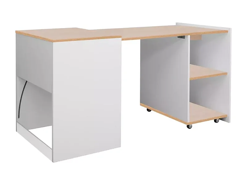 Bureau modulable compact blanc chêne avec étagères sur roulettes – MILIO