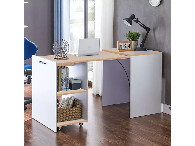 Bureau modulable compact blanc chêne avec étagères sur roulettes – MILIO