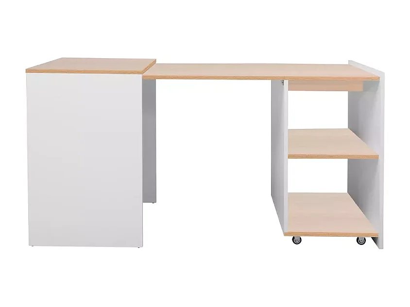 Bureau modulable compact blanc chêne avec étagères sur roulettes – MILIO