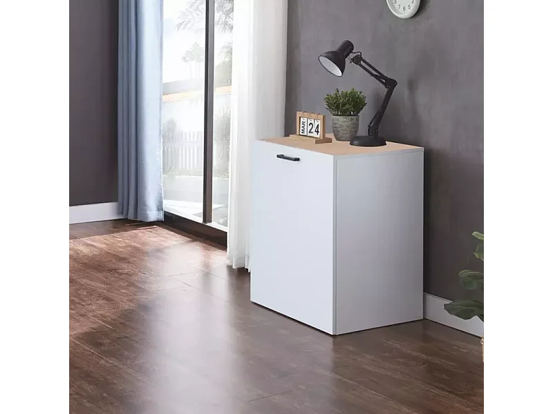 Bureau modulable compact blanc chêne avec étagères sur roulettes – MILIO