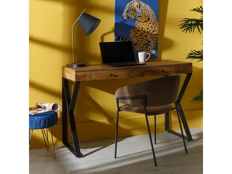 Bureau secrétaire FLORENSIS bois manguier massif pieds métal noir