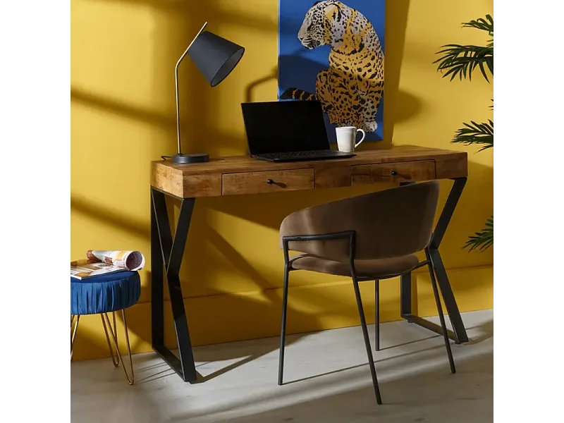 Bureau secrétaire FLORENSIS bois manguier massif pieds métal noir