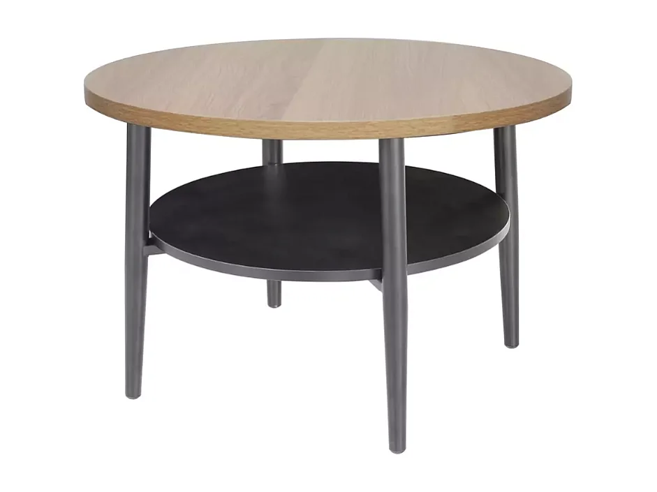 Petite table basse ronde chêne clair et noire avec structure fine et étagère NELON