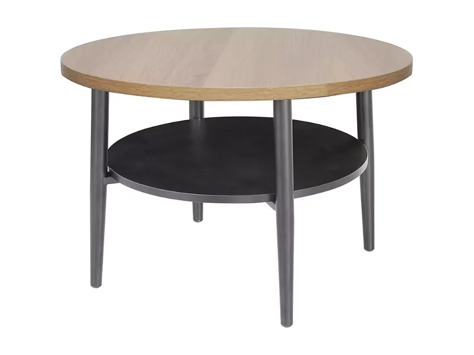 Petite table basse ronde chêne clair et noire avec structure fine et étagère NELON