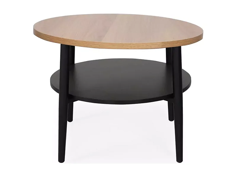 Petite table basse ronde chêne clair et noire avec structure fine et étagère NELON