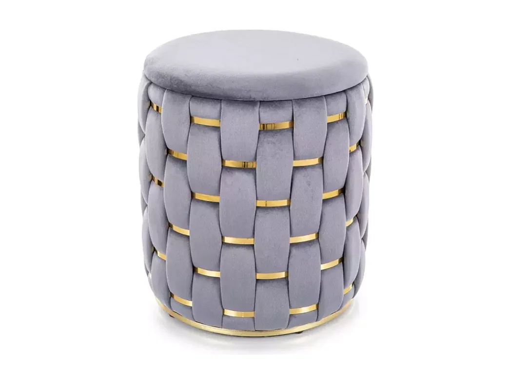 Pouf en velours gris tressé avec coffre de rangement et finitions dorées TANIAT