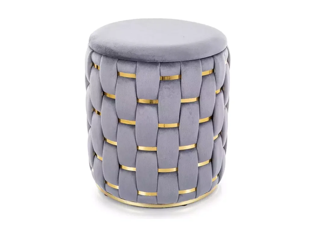 Pouf en velours gris tressé avec coffre de rangement et finitions dorées TANIAT