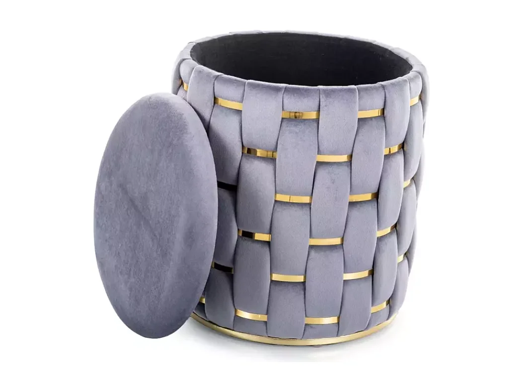 Pouf en velours gris tressé avec coffre de rangement et finitions dorées TANIAT
