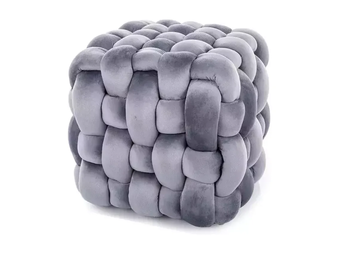 Pouf tressé gris en velours doux avec structure carrée et look moderne ECLIPSER