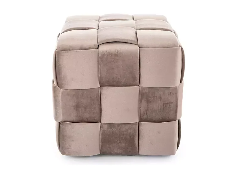 Pouf en velours beige au style tressé, forme carrée compacte ZENIA