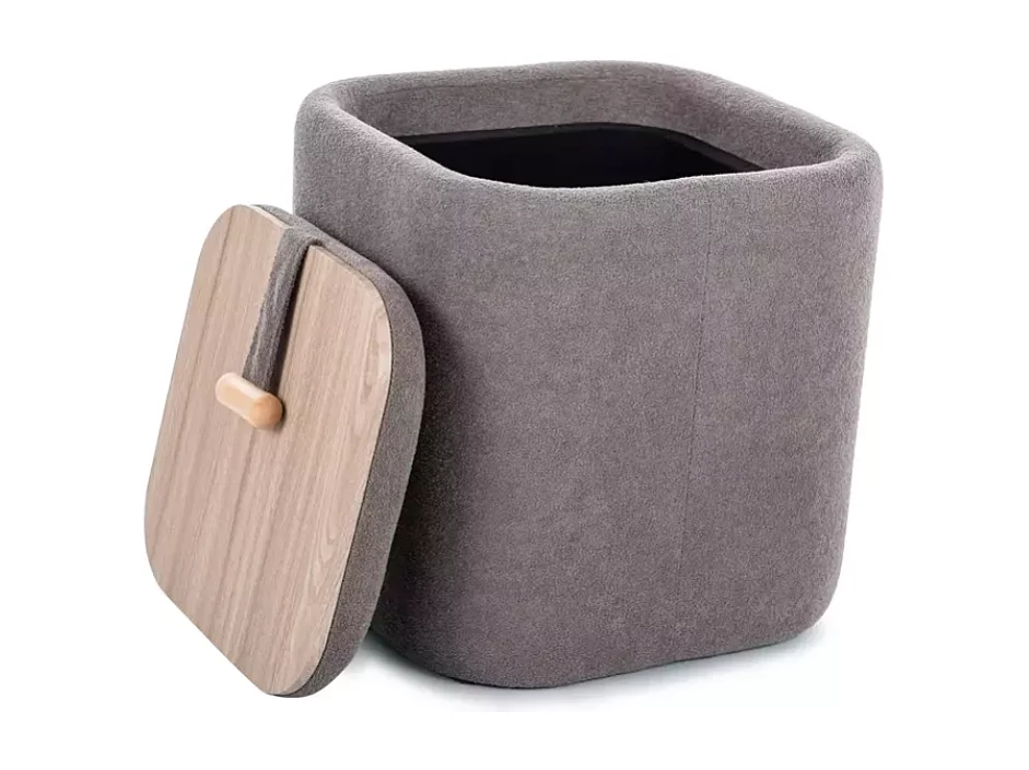 Pouf en tissu gris avec assise moelleuse et compartiment de rangement NEBULAZ