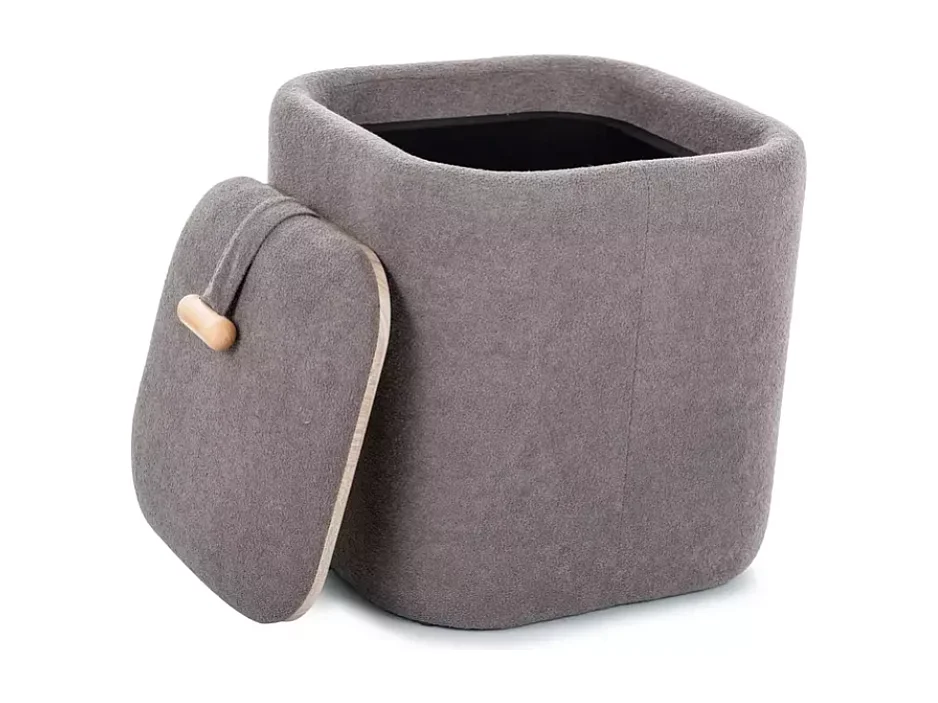 Pouf en tissu gris avec assise moelleuse et compartiment de rangement NEBULAZ