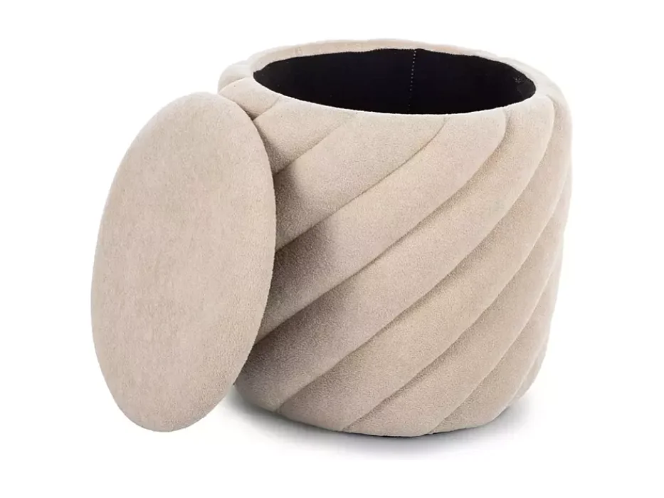 Pouf en tissu beige avec rangement caché et structure ronde sculptée SPHERAZ