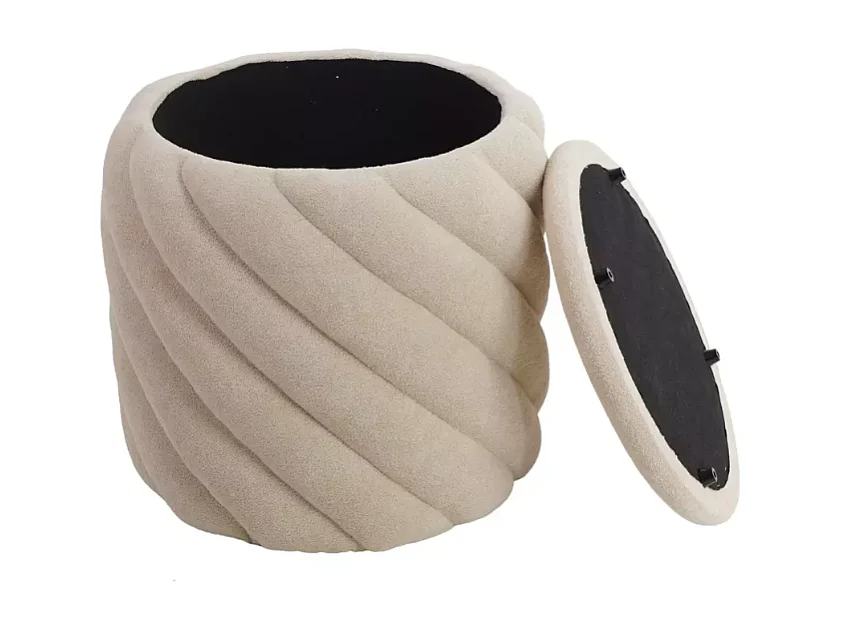 Pouf en tissu beige avec rangement caché et structure ronde sculptée SPHERAZ