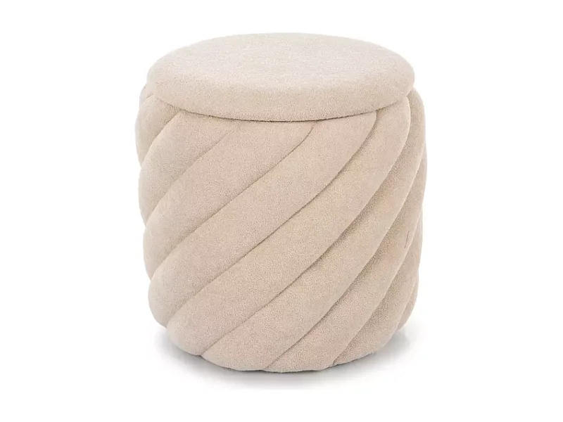 Pouf en tissu beige avec rangement caché et structure ronde sculptée SPHERAZ