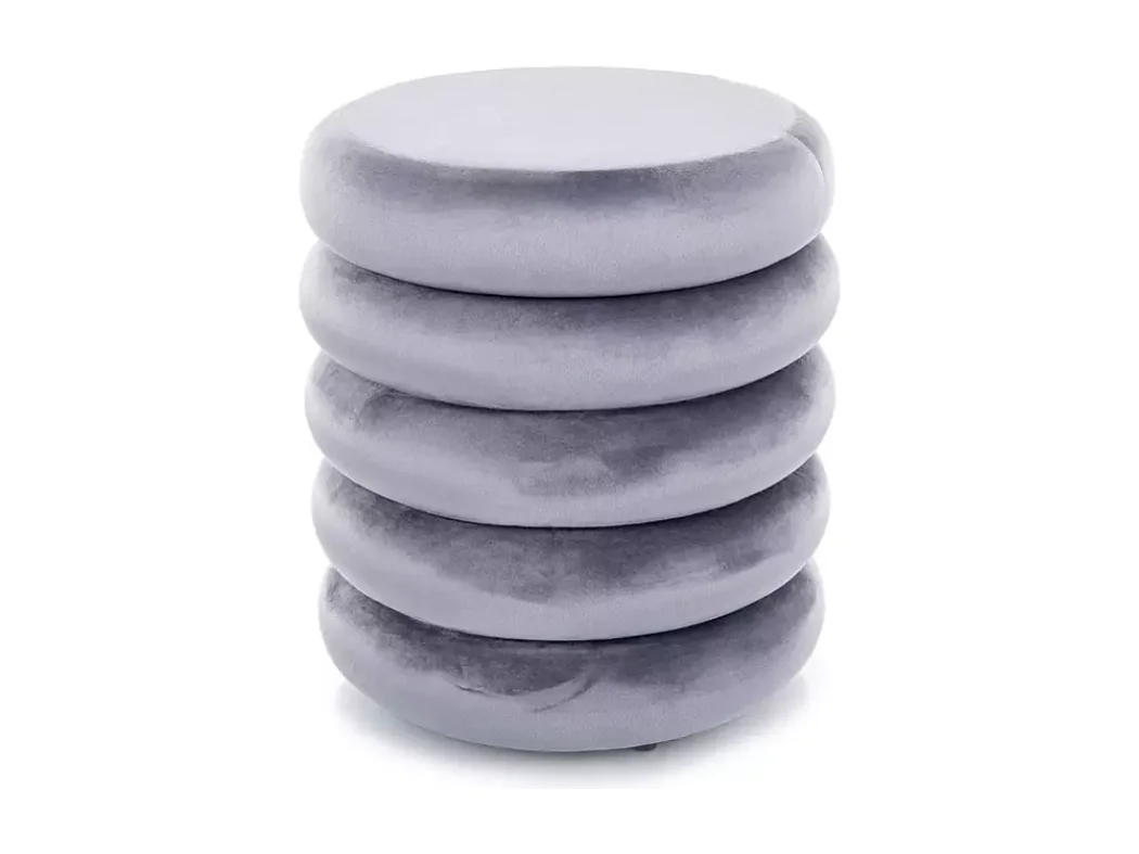 Pouf gris en velours avec rangement caché et design rond compact LUMOZ