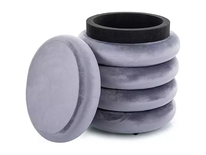 Pouf gris en velours avec rangement caché et design rond compact LUMOZ