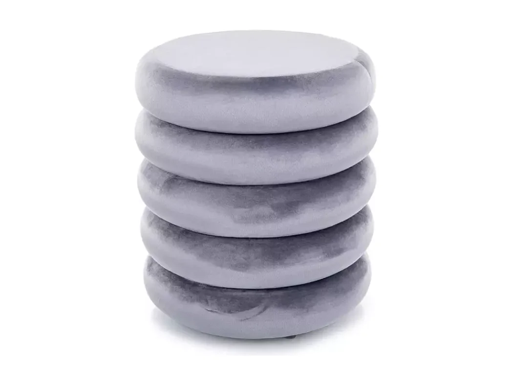 Pouf gris en velours avec rangement caché et design rond compact LUMOZ