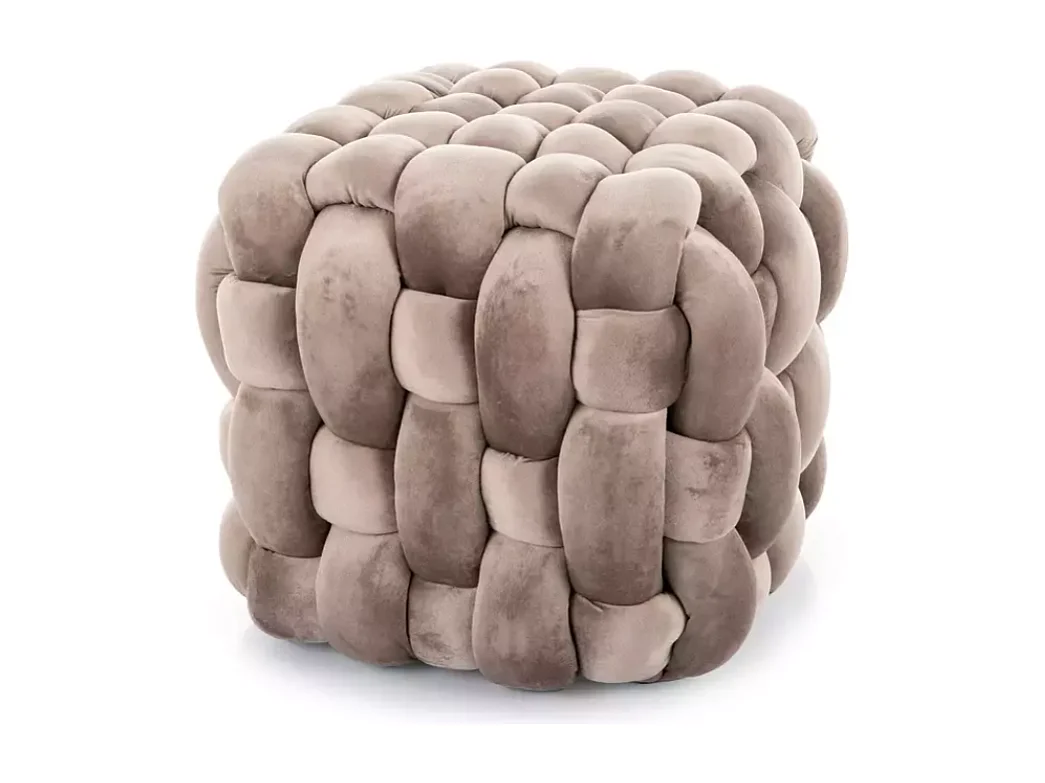 Pouf en velours beige foncé au tressage épais et forme carrée décorative ECLIPSER
