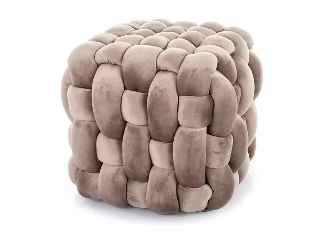 Pouf en velours beige foncé au tressage épais et forme carrée décorative ECLIPSER