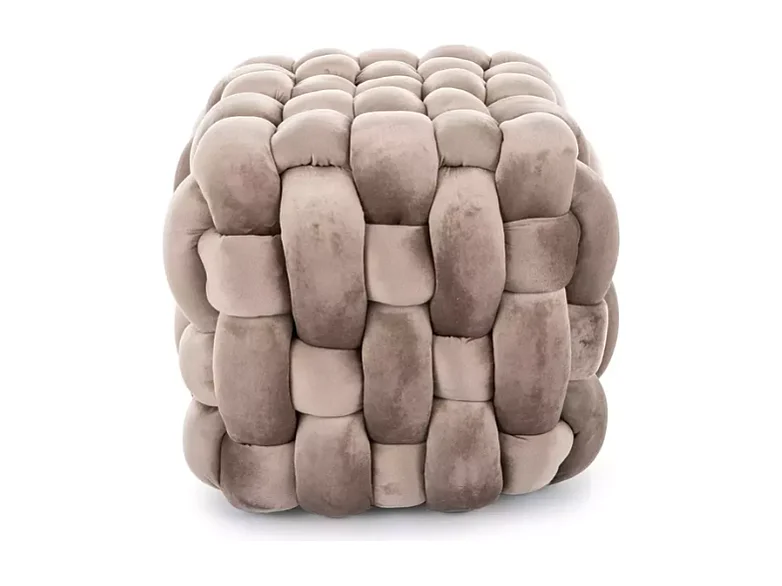Pouf en velours beige foncé au tressage épais et forme carrée décorative ECLIPSER