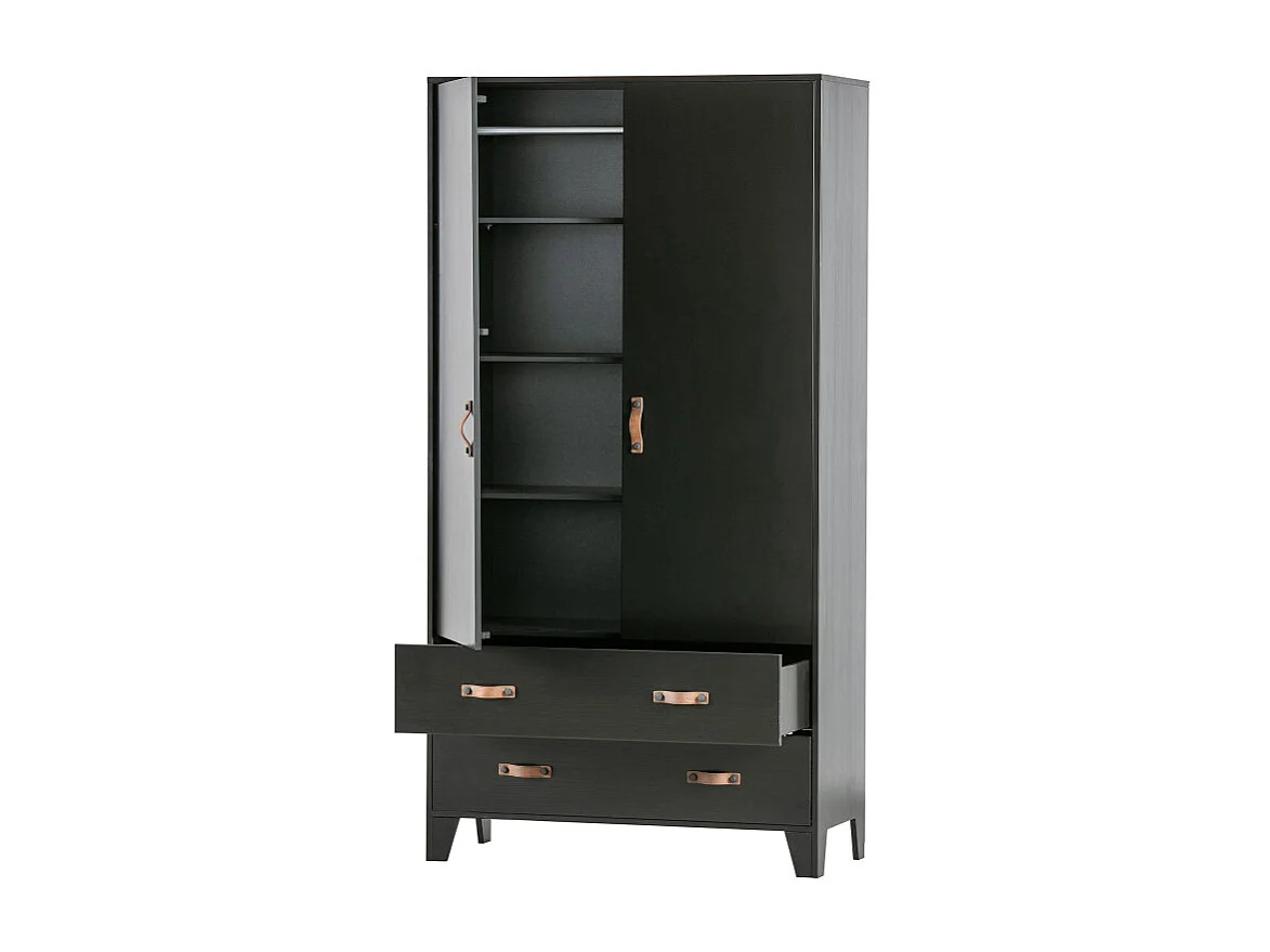 Armoire 2 placards et 2 tiroirs en pin passif noir HERMIONE