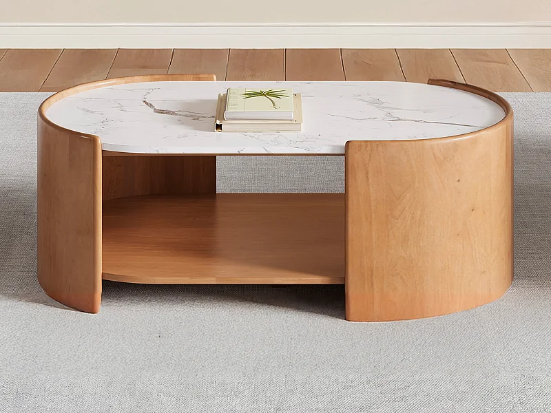 Table basse avec 1 niche en bois de manguier et marbre - Naturel et blanc - ISLARA