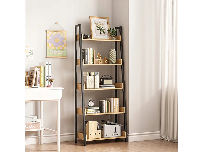 Leiterregal für Bücher und Ordner aus schwarzer Eiche für das Büro oder Wohnzimmer im Loft-Stil