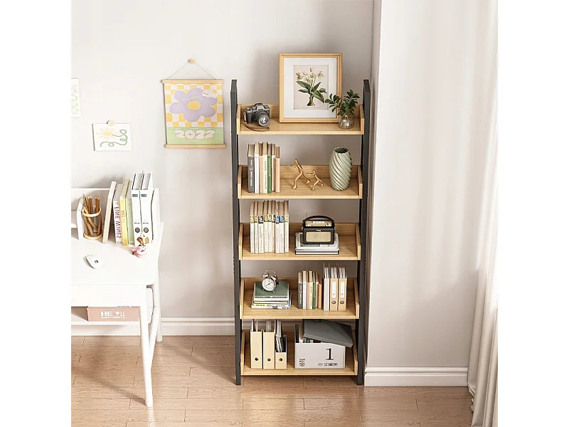 Leiterregal für Bücher und Ordner aus schwarzer Eiche für das Büro oder Wohnzimmer im Loft-Stil