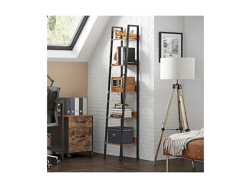 ÉTAGÈRE INDUSTRIELLE NOIRE 5 ÉTAGÈRES ÉCHELLE À LIVRES LOFT MODERN