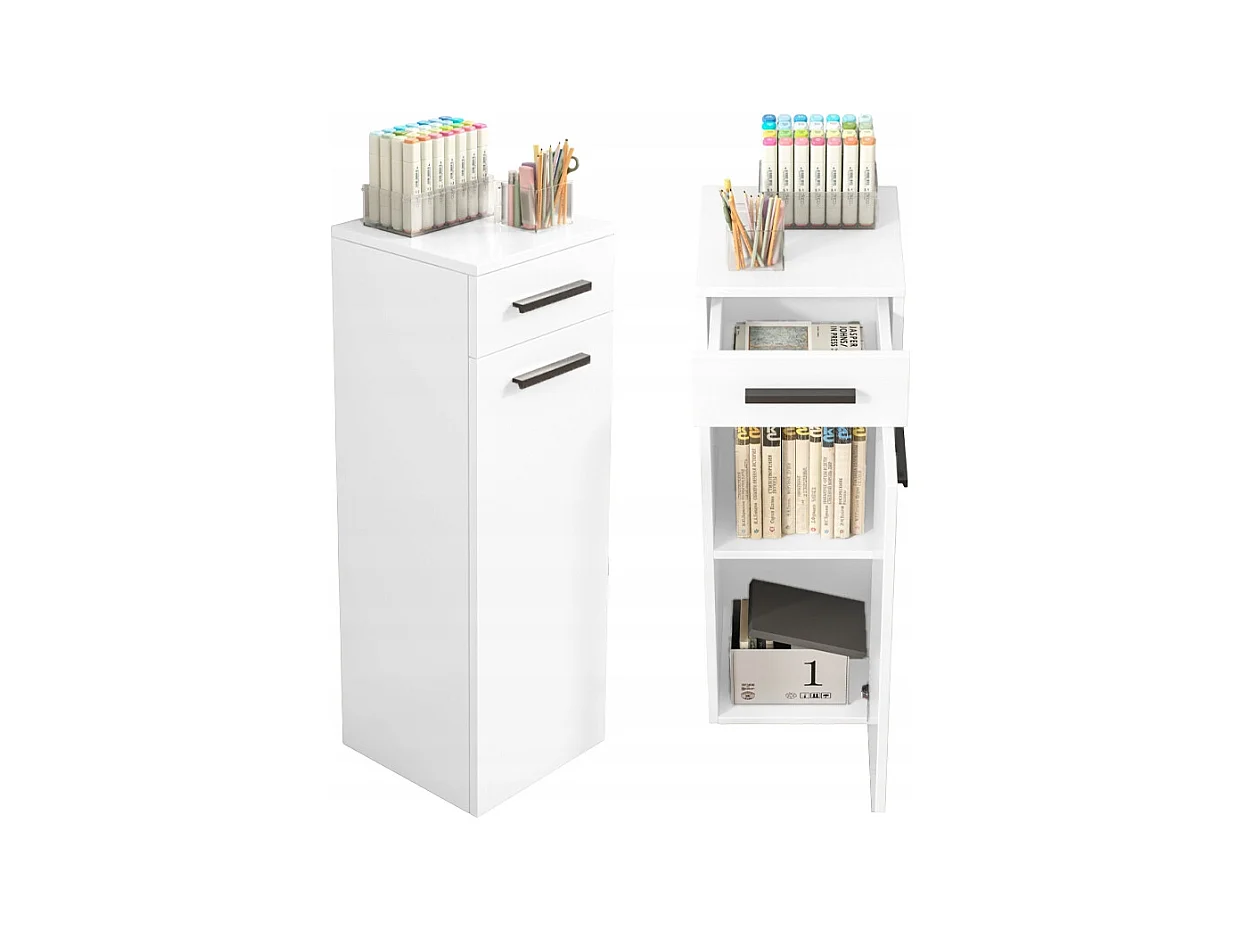 ÉTAGÈRE DE BUREAU AVEC TIROIR, ÉTAGÈRES ET COLONNE, ARMOIRE SUR PIED, BLANC LOFT 85 CM