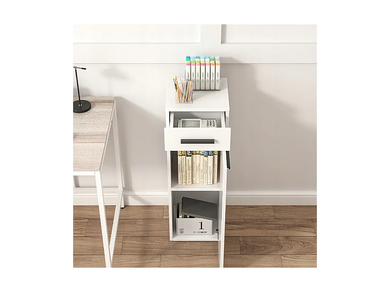 ÉTAGÈRE DE BUREAU AVEC TIROIR, ÉTAGÈRES ET COLONNE, ARMOIRE SUR PIED, BLANC LOFT 85 CM