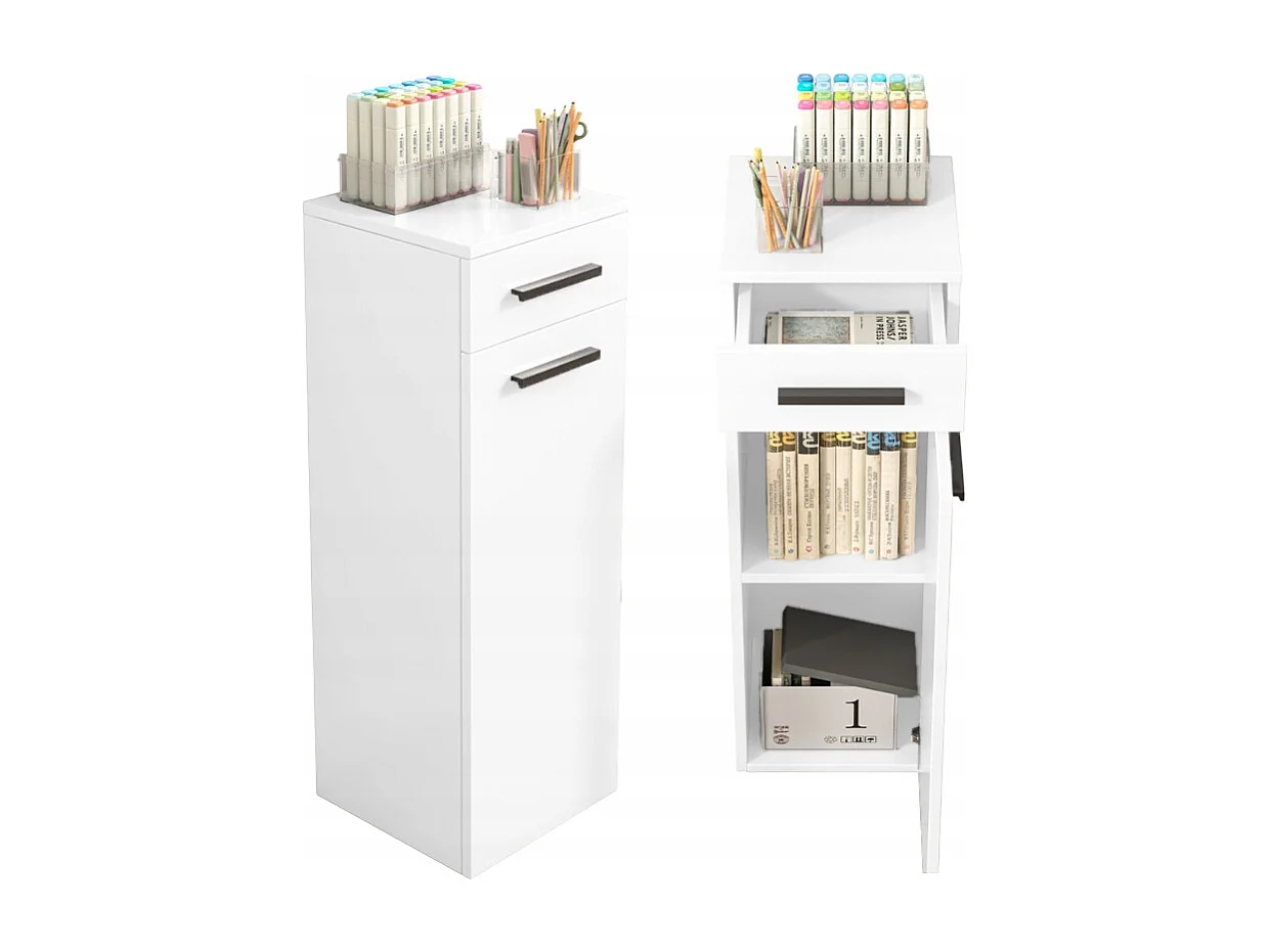 ÉTAGÈRE DE BUREAU AVEC TIROIR, ÉTAGÈRES ET COLONNE, ARMOIRE SUR PIED, BLANC LOFT 85 CM