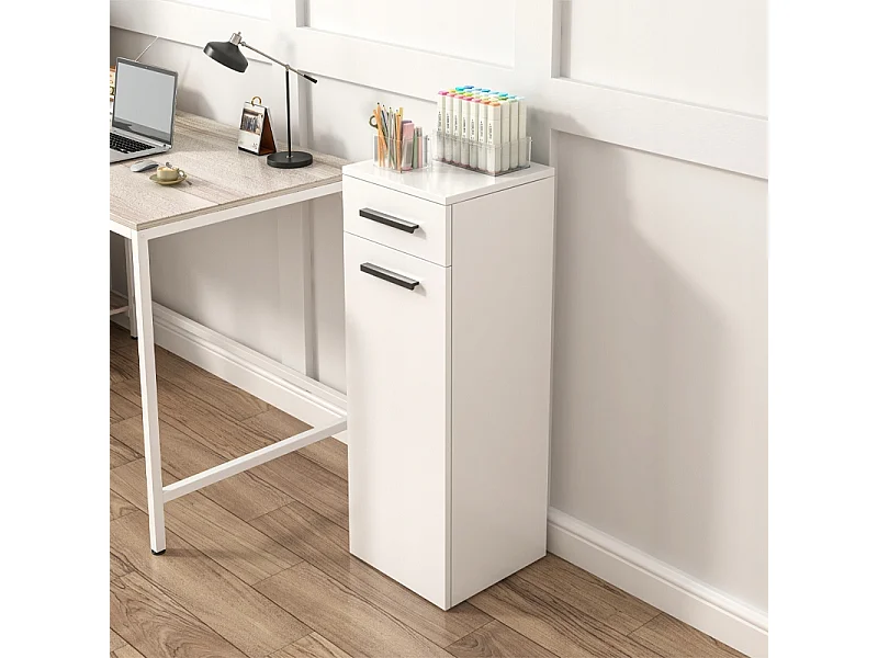 ÉTAGÈRE DE BUREAU AVEC TIROIR, ÉTAGÈRES ET COLONNE, ARMOIRE SUR PIED, BLANC LOFT 85 CM