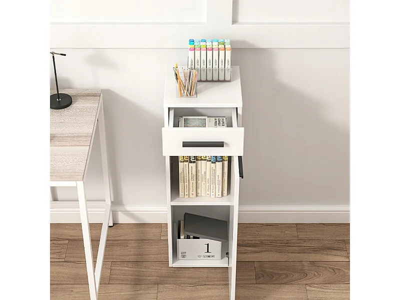 ÉTAGÈRE DE BUREAU AVEC TIROIR, ÉTAGÈRES ET COLONNE, ARMOIRE SUR PIED, BLANC LOFT 85 CM