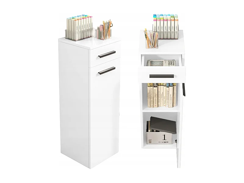 ÉTAGÈRE DE BUREAU AVEC TIROIR, ÉTAGÈRES ET COLONNE, ARMOIRE SUR PIED, BLANC LOFT 85 CM