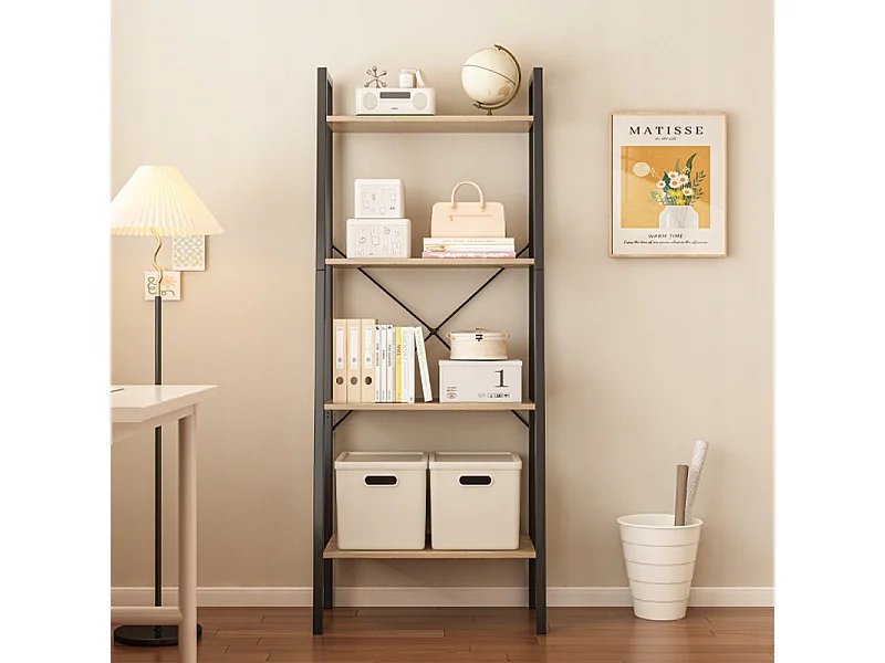 ÉTAGÈRE À LIVRES SUR PIED RUSTIQUE ÉCHELLE LOFT RÉTRO BRUN CLAIR 4 ÉTAGÈRES