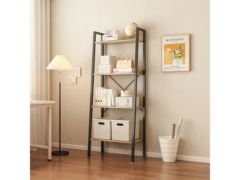 ÉTAGÈRE À LIVRES SUR PIED RUSTIQUE ÉCHELLE LOFT RÉTRO BRUN CLAIR 4 ÉTAGÈRES