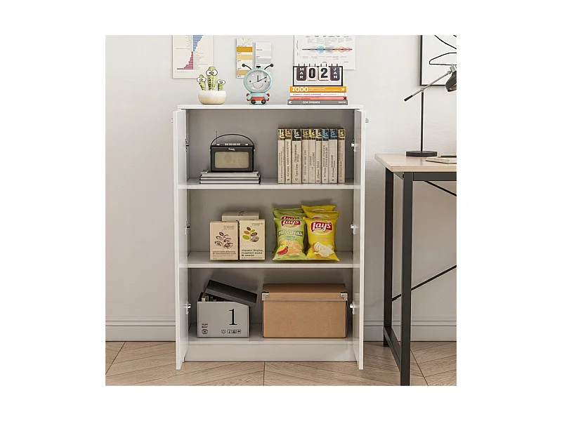 ÉTAGÈRE DE BUREAU À 2 PORTES AVEC ÉTAGÈRES COLONNE ARMOIRE SUR PIED BLANC LOFT 108 CM