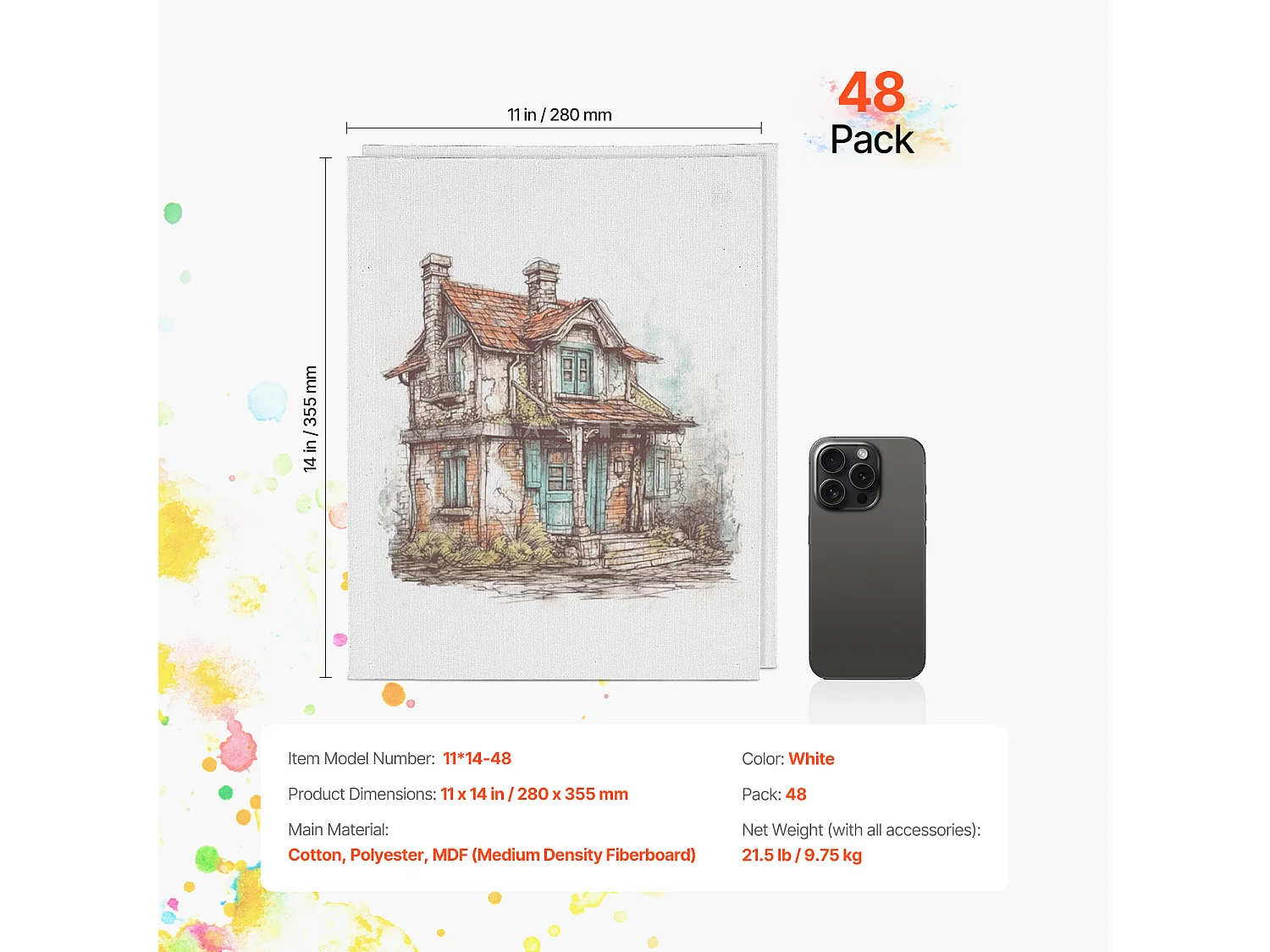 Toile pour Peinture, SucceBuy Lot de 48 Toiles pour Peinture, 28 × 35,5 cm Polyvalentes pour tous les Artistes