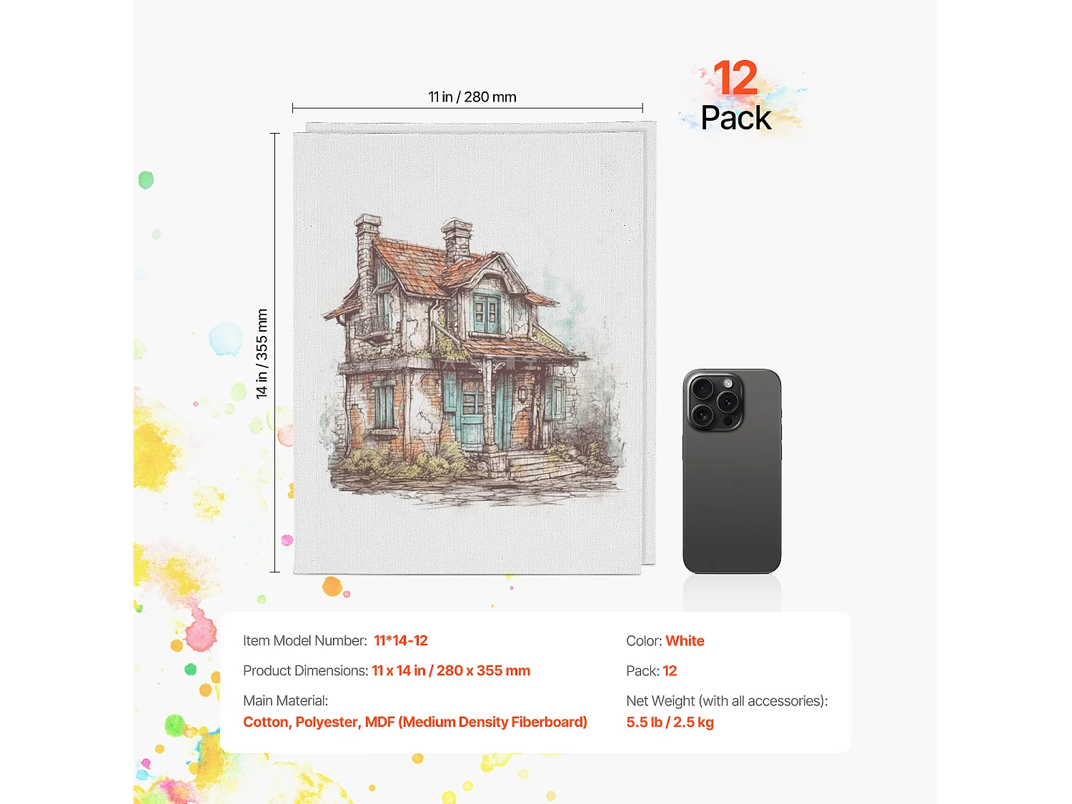 Toile pour Peinture, SucceBuy Lot de 12 Toiles pour Peinture, 28 x 35,5 cm, pour Différents Styles de Peinture, Idéales pour les Enfants et les Professionnels