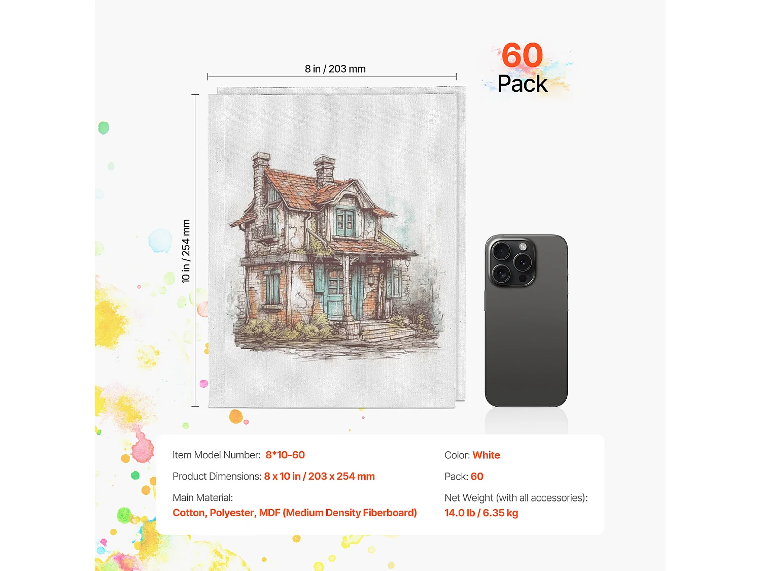 Toile pour Peinture, SucceBuy Lot de 60 Toiles pour Peinture, 20,3 x 25,4 cm, pour Différents Styles Artistiques, Enfants et Professionnels