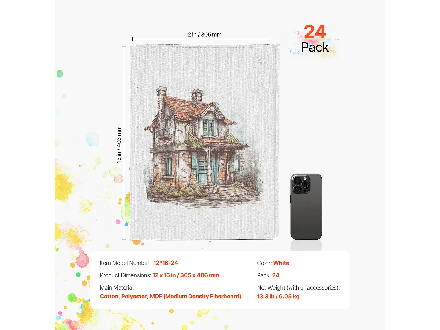 Toile pour Peinture, SucceBuy Lot de 24 Toiles pour Peinture, 30,5 x 40,6 cm, pour Différents Styles de Peinture, Idéales pour les Artistes de tous Niveaux