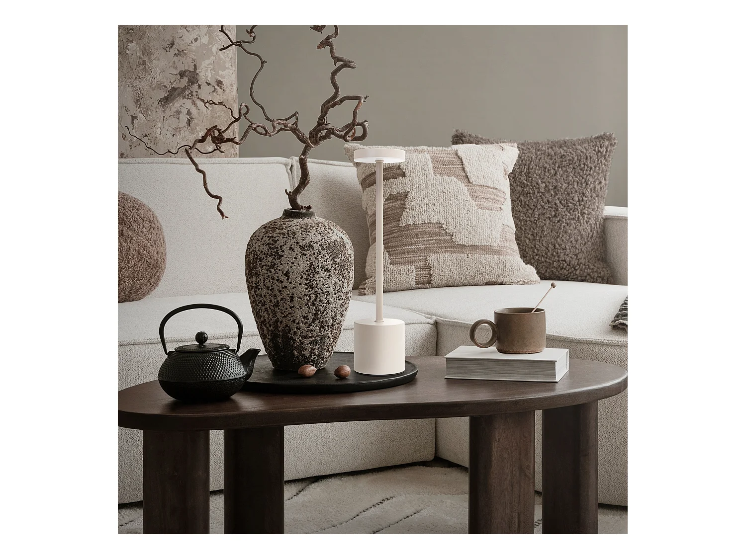 Lampe de table LED Ø8x34,5cm crème 3 couleurs d'intensité réglables capteur tactile batterie rechargeable USB-C éclairage de bureau sans fil portable