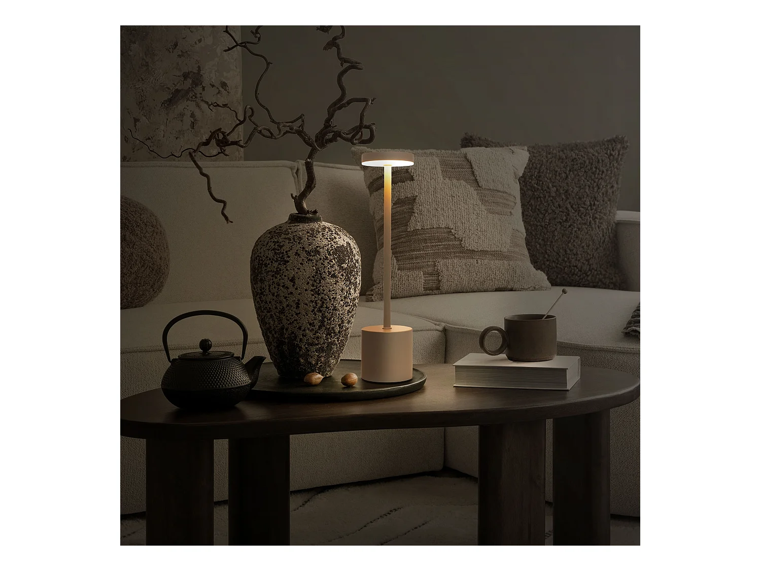 Lampe de table LED Ø8x34,5cm crème 3 couleurs d'intensité réglables capteur tactile batterie rechargeable USB-C éclairage de bureau sans fil portable