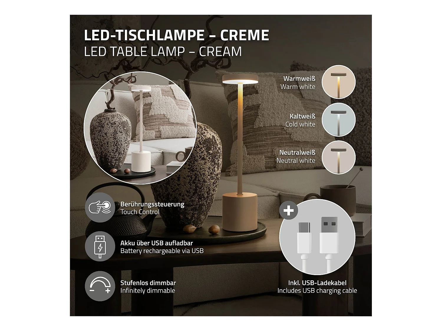 Lampe de table LED Ø8x34,5cm crème 3 couleurs d'intensité réglables capteur tactile batterie rechargeable USB-C éclairage de bureau sans fil portable