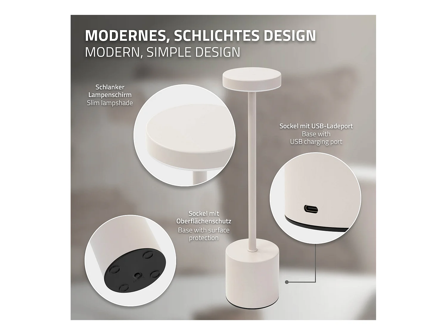 Lampe de table LED Ø8x34,5cm crème 3 couleurs d'intensité réglables capteur tactile batterie rechargeable USB-C éclairage de bureau sans fil portable